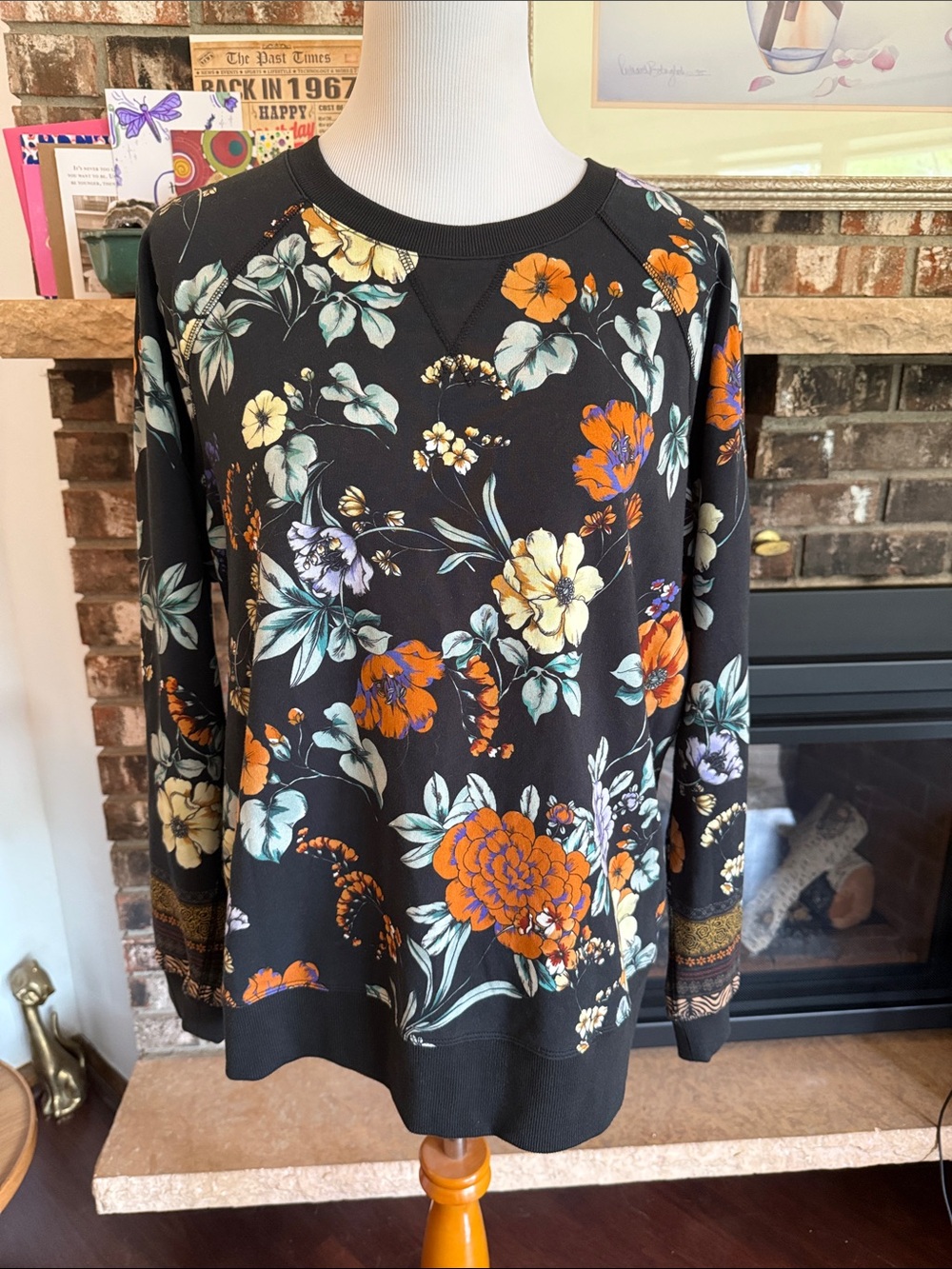 JOHNNY WAS cotton and spandex floral sweatshirt. Like New! Black base w colorful